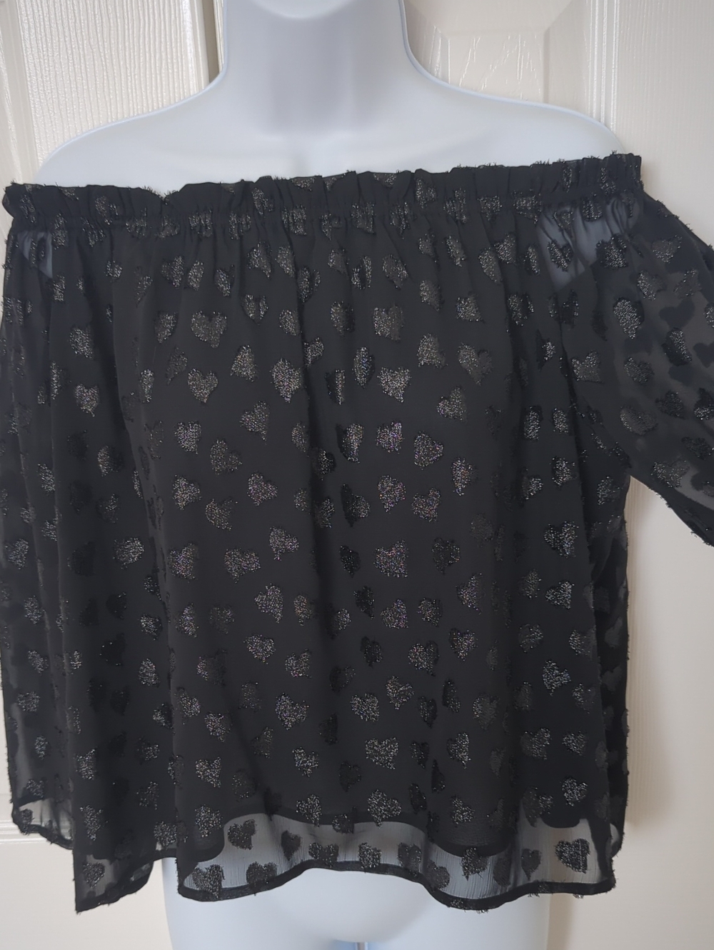 Design Lab Lord & Taylor Black Sheer Off-Shoulder Blouse with Sparkle Hearts